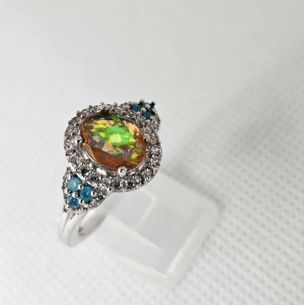 Genuine Fire Opal & Neon Apatite Ring In Platinum Finish Size 8!